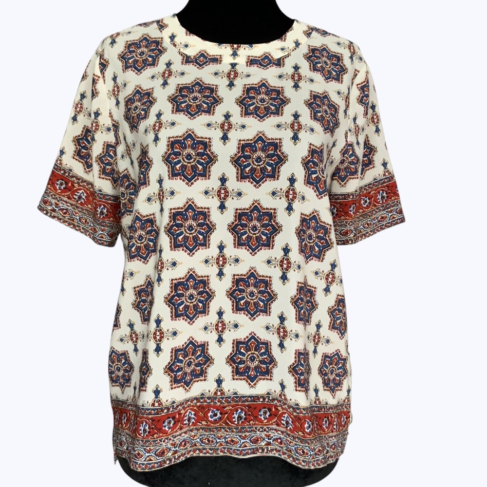 Madewell silk Cream Boho Print Short Sleeve Blouse with Blue and Rust Accents